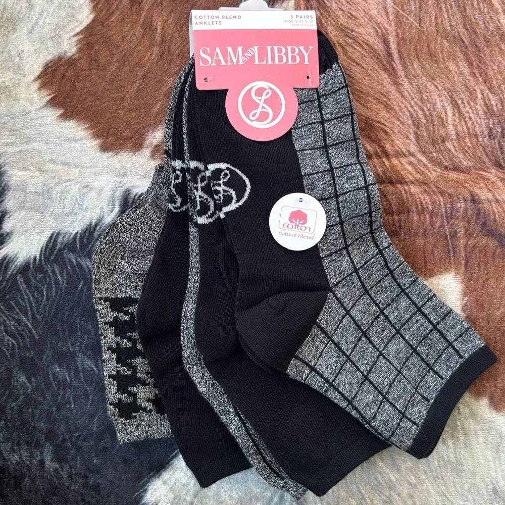 Brand New Sam and Libby 5-Pack Black & Gray Cotten Blend Anklets Comfort Cuff